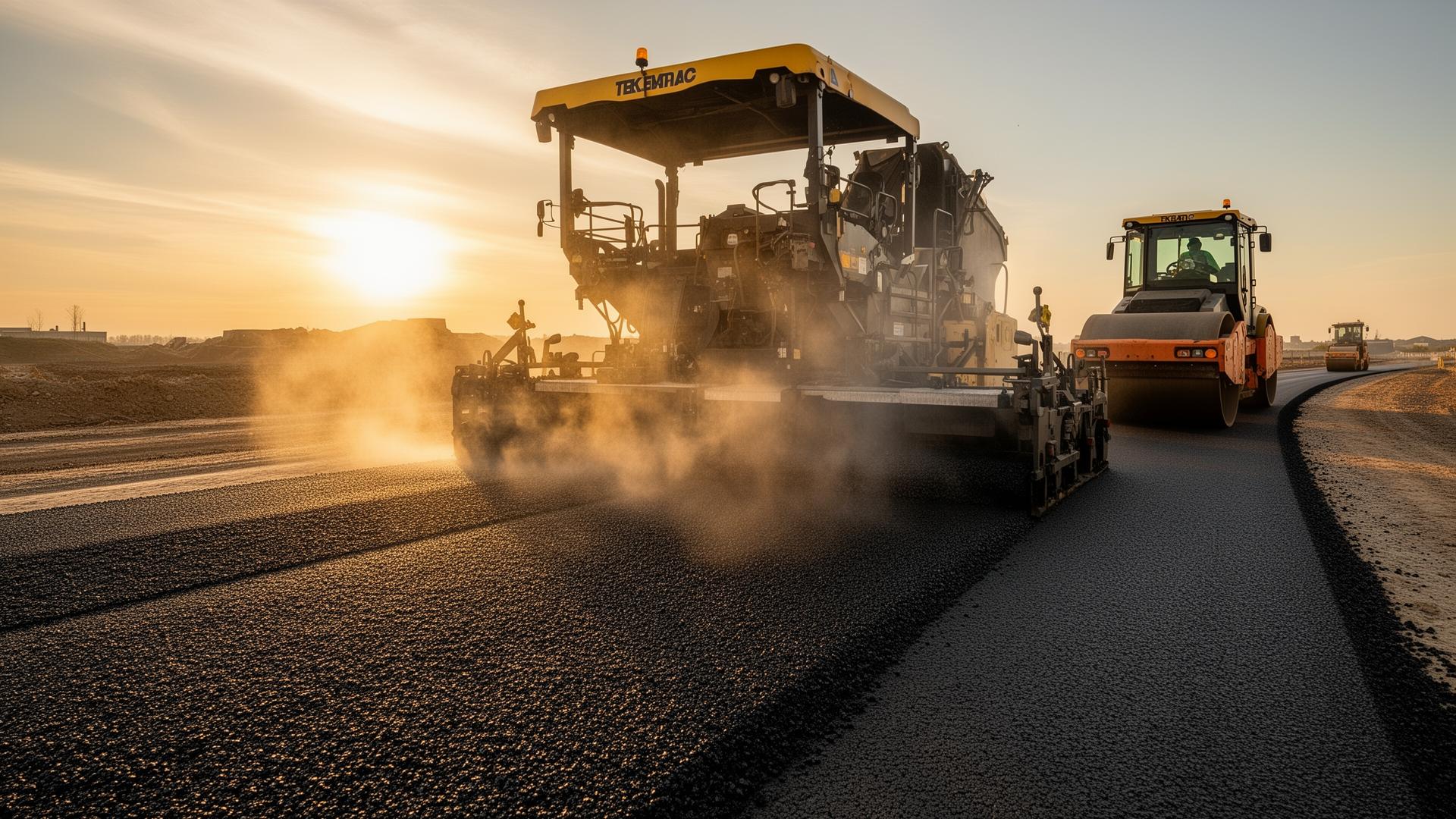 Asphalt paving machine laying fresh tar at sunset