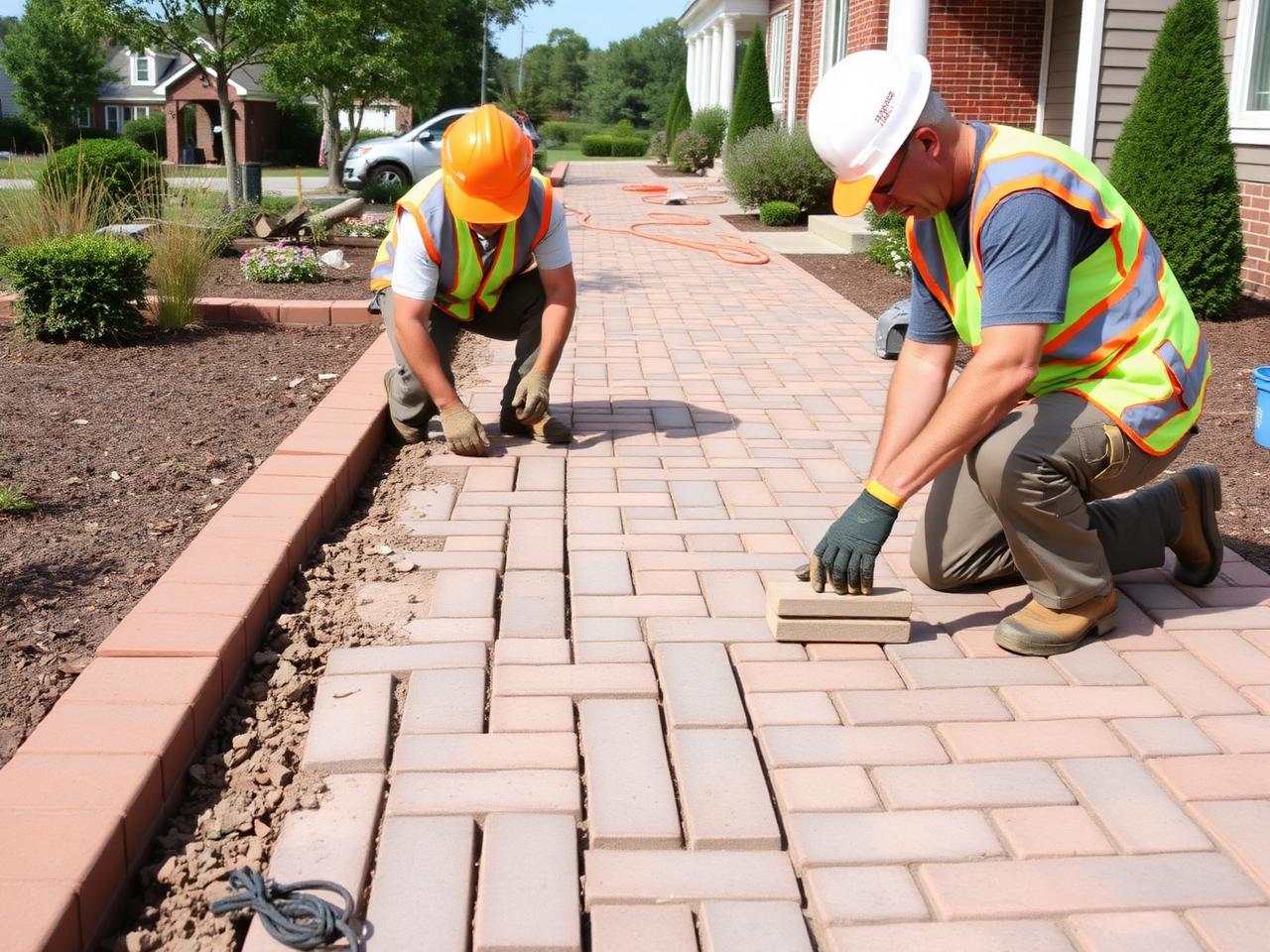 Workers installing brick paving