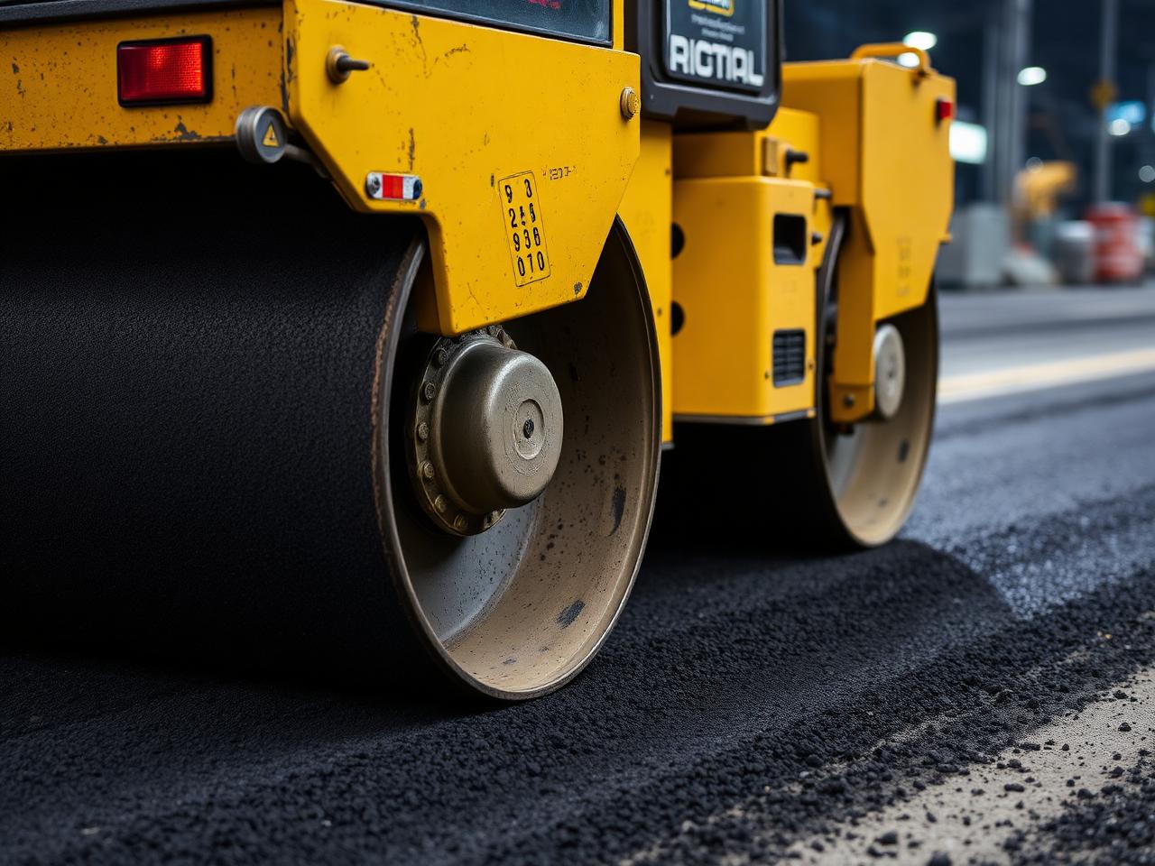 Yellow road roller compacting fresh asphalt